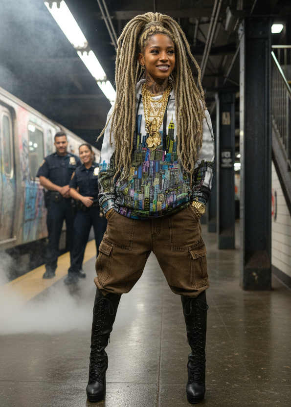 Person wearing a Loria NYC Art hoodie with long braided hair standing in a subway station with police officers in the background.