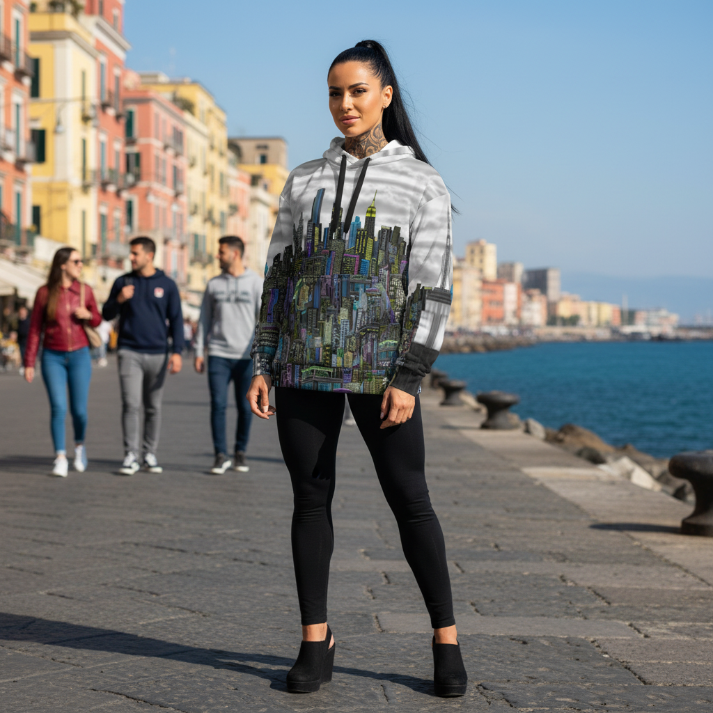Woman wearing a colorful Loria NYC Art hoodie with a cityscape design by the seaside