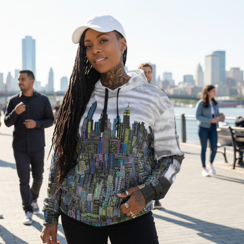 Woman wearing a colorful hoodie with a cityscape Loria NYC Art design on a waterfront promenade with people and buildings in the background.