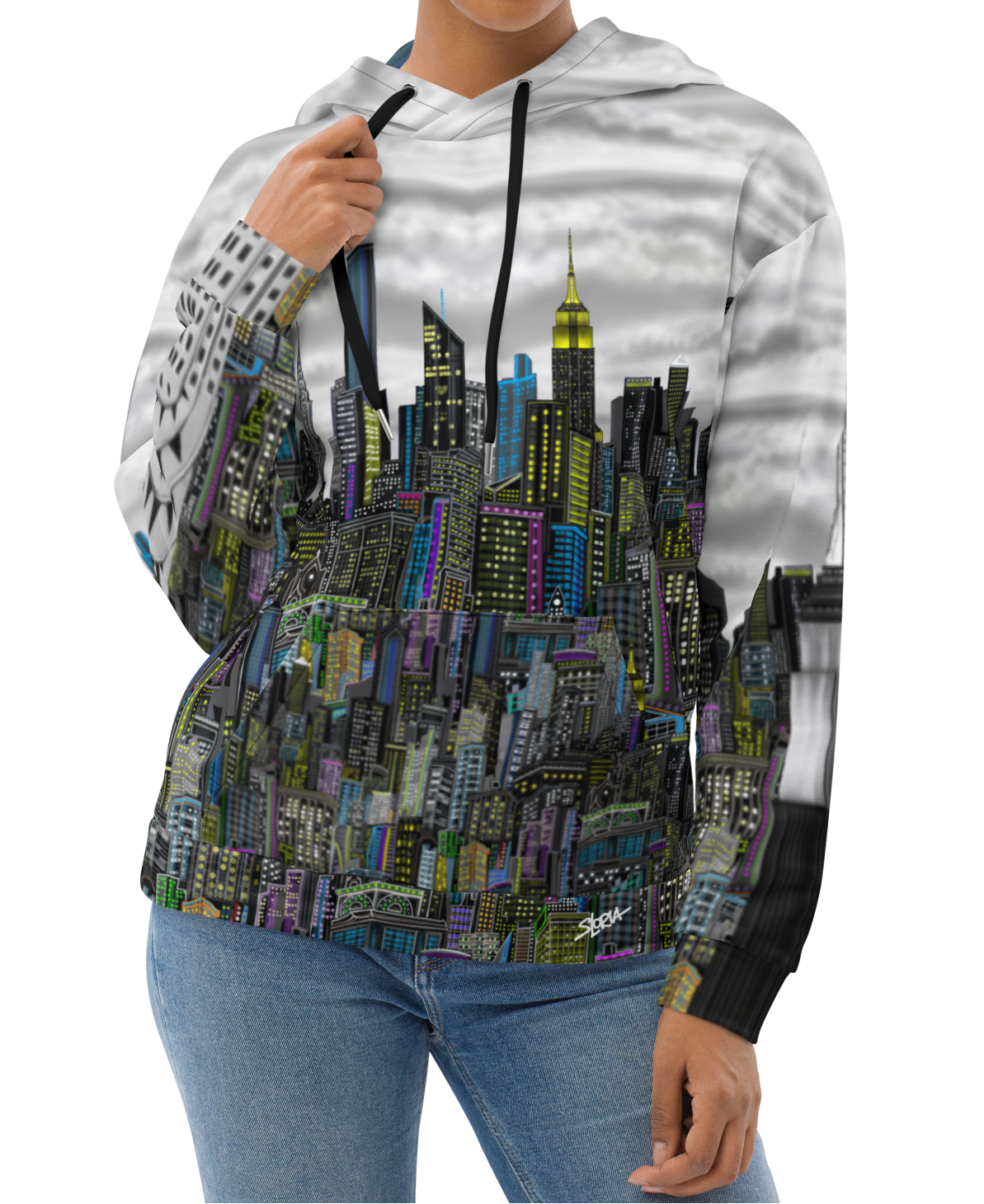 Front of Woman wearing a hoodie with a Loria NYC Art cityscape design on a white background