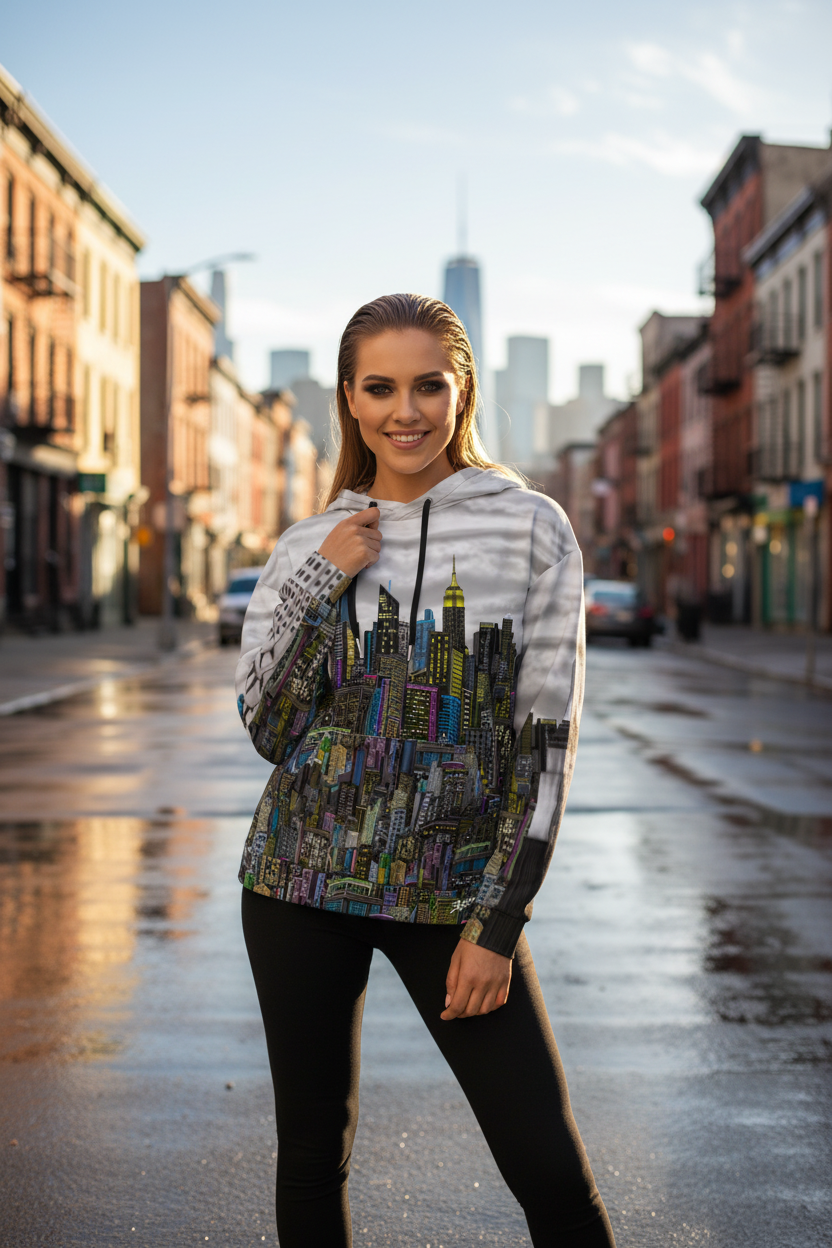Woman wearing a hoodie with a Loria NYC Art cityscape design on a city street.