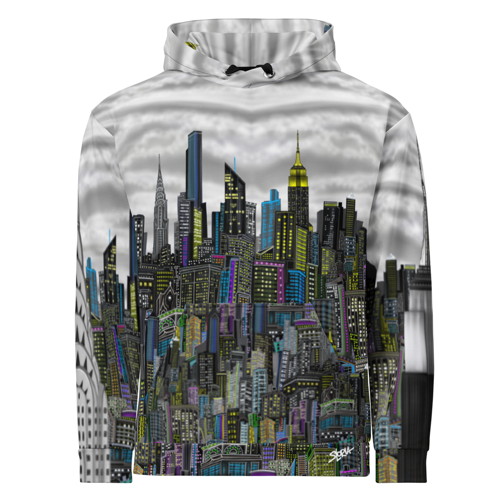 White Hoodie with Loria NYC Art cityscape design on a white background