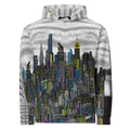 White Hoodie with Loria NYC Art cityscape design on a white background