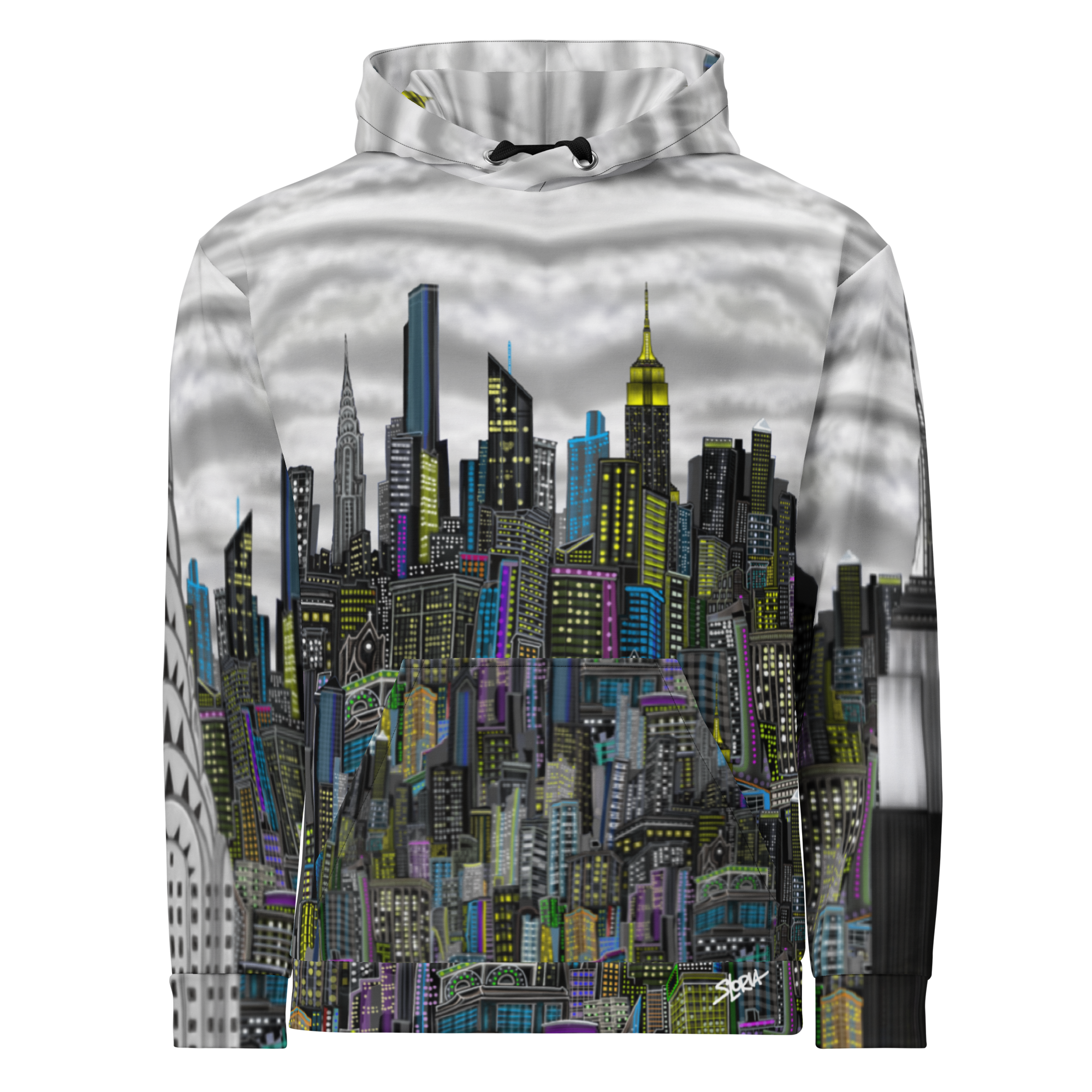 White Hoodie with Loria NYC Art cityscape design on a white background