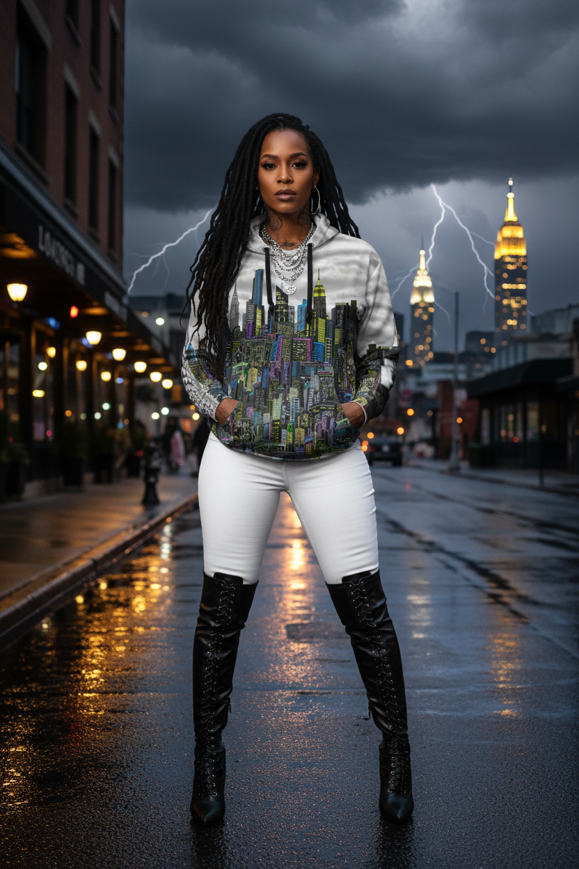Woman in a hoodie with cityscape Loria NYC Art design standing on a rain-soaked street with lightning in the background.