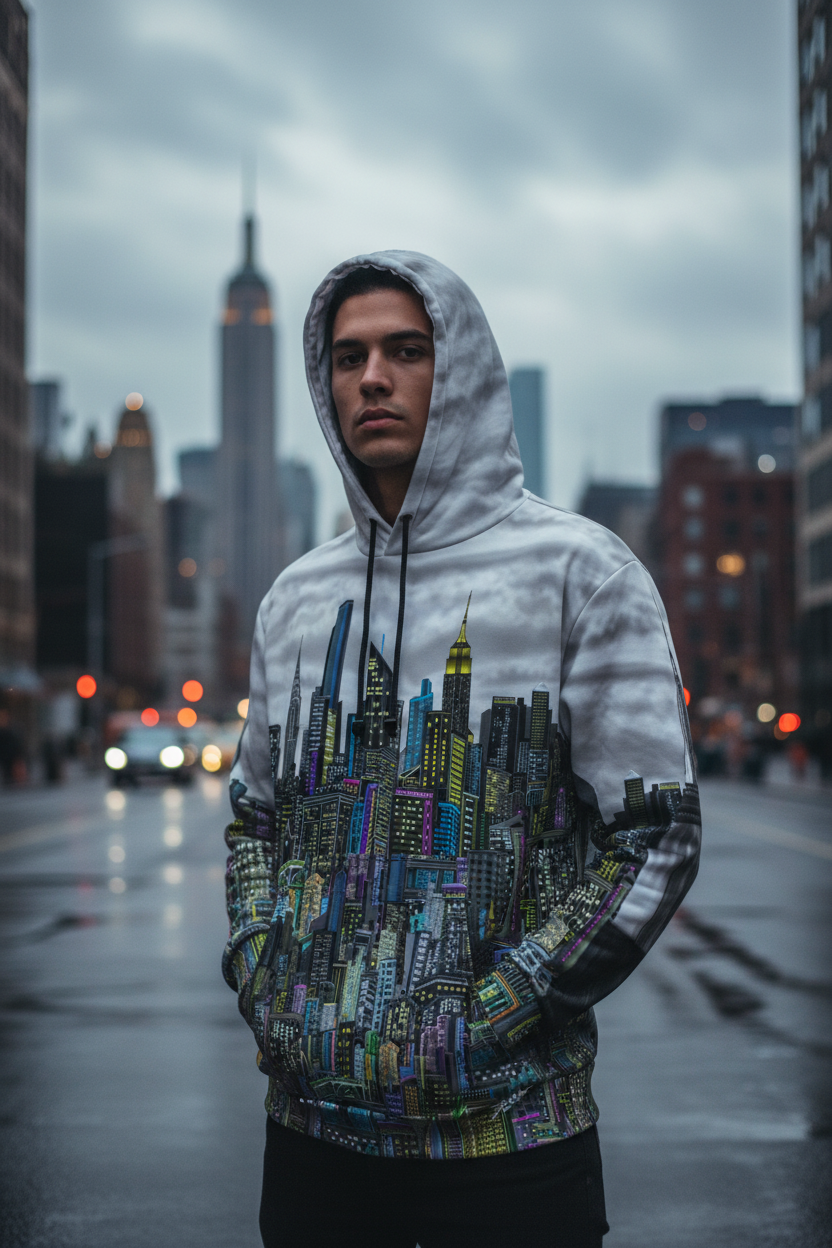 Person wearing a hoodie with a Loria NYC Art cityscape design in an urban setting