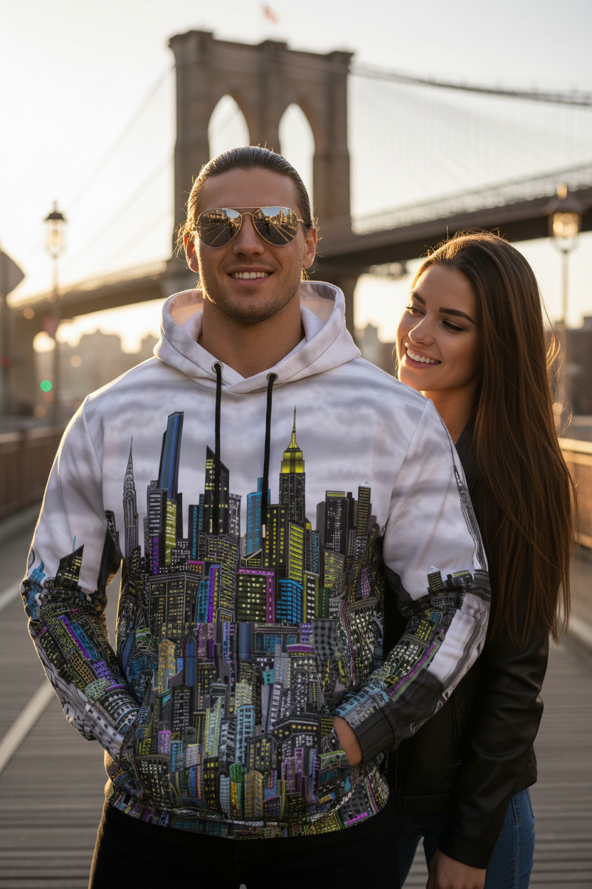 Person wearing a hoodie with a cityscape Loria NYC Art design, standing on a bridge with a sunset background.