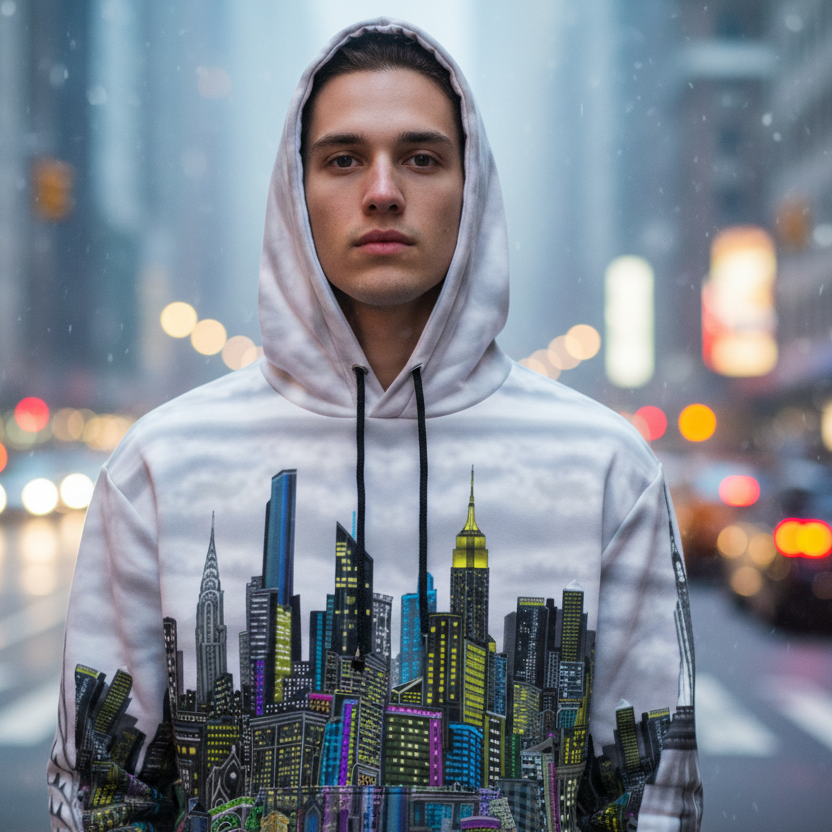Person wearing a hoodie with a Loria NYC Art cityscape design on a busy street.