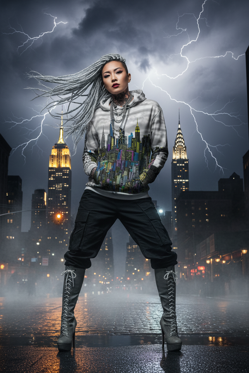 Person wearing a hoodie with a cityscape Loria NYC Art design against a dark, stormy city skyline.