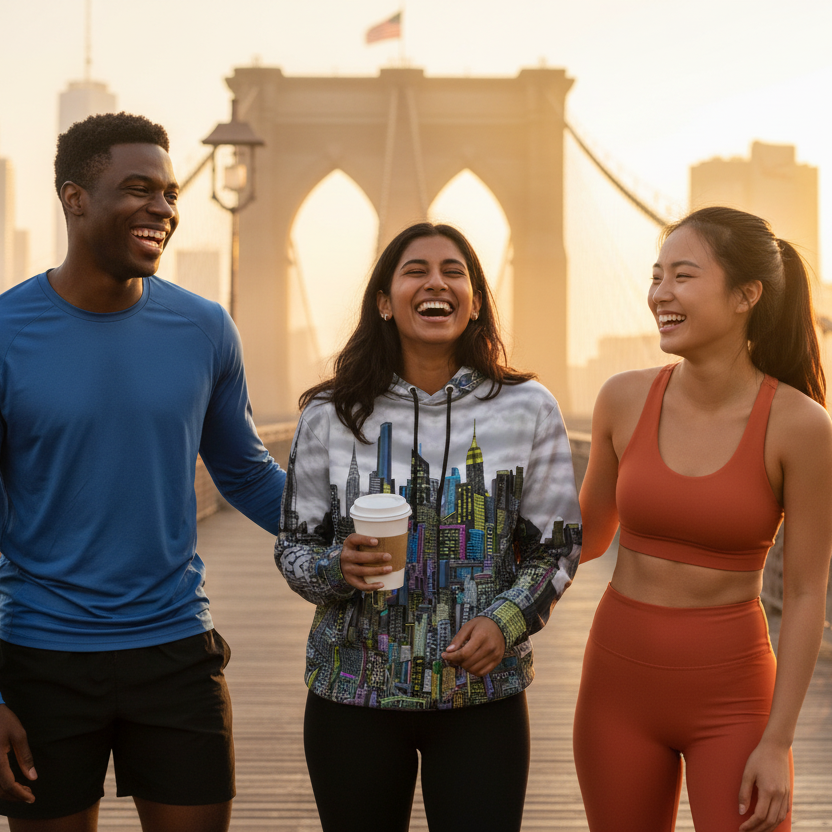 Girl wearing cityscape designed Loria NYC Art hoodie laughing with two people on a bridge with a cityscape background