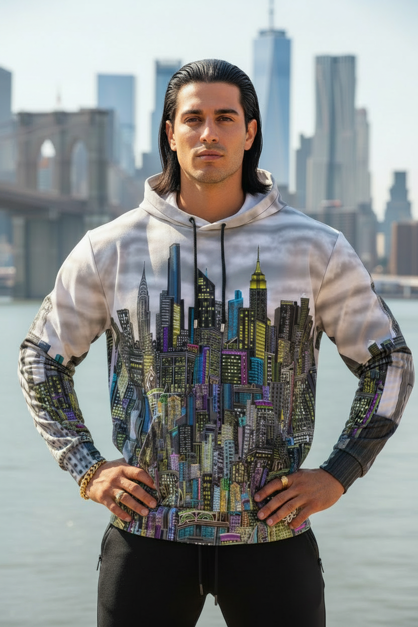 Person wearing a hoodie with a cityscape Loria NYC Art design in front of a waterfront and skyline.