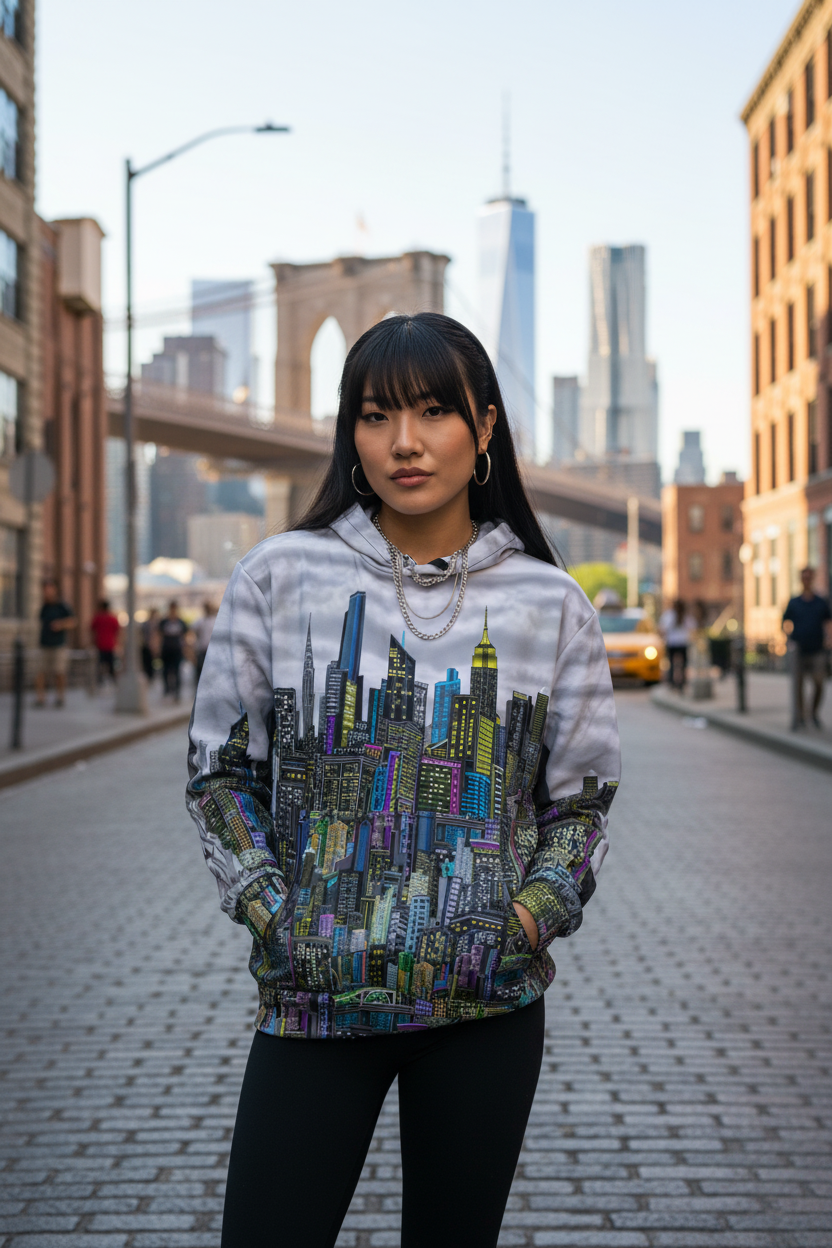 Person wearing a colorful cityscape Loria NYC Art hoodie on a city street with a bridge and skyline in the background.
