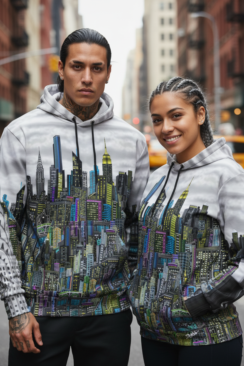 Two people wearing hoodies with cityscape Loria NYC Art designs on a city street.