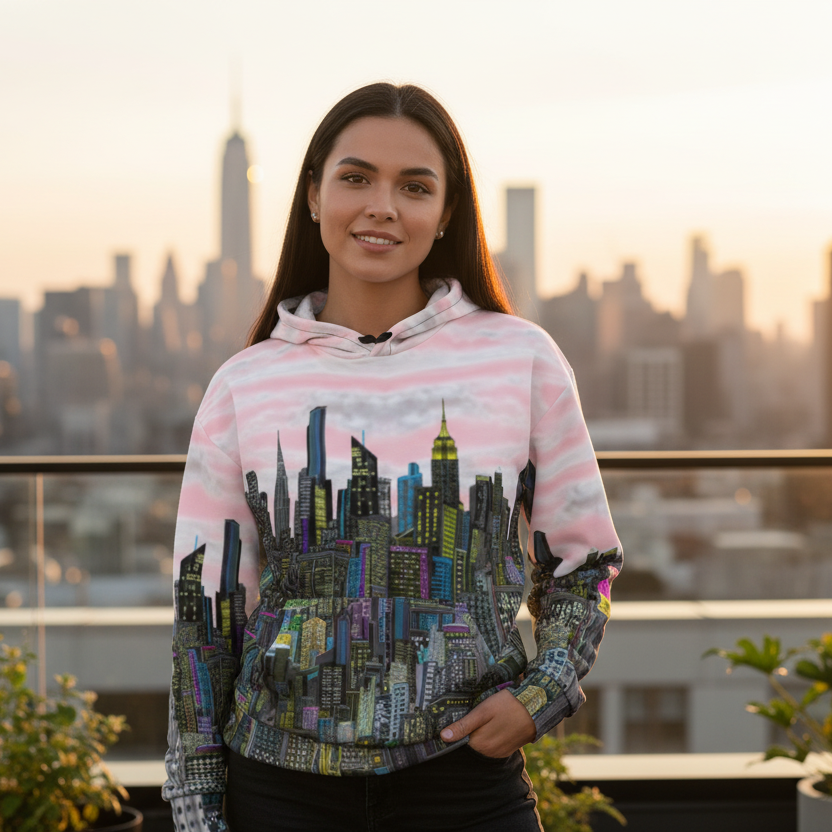 Person wearing a hoodie with a cityscape Loria NYC Art design, standing between two plants against a white wall.