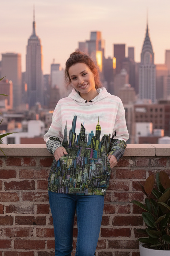 Person wearing a pink Loria NYC Art hoodie with a cityscape design, standing on a rooftop with a city skyline in the background.