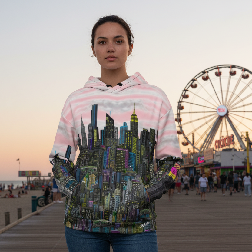 Keep this exact hoodie image position, Change model only to white young Latin female add best New York City scenario 