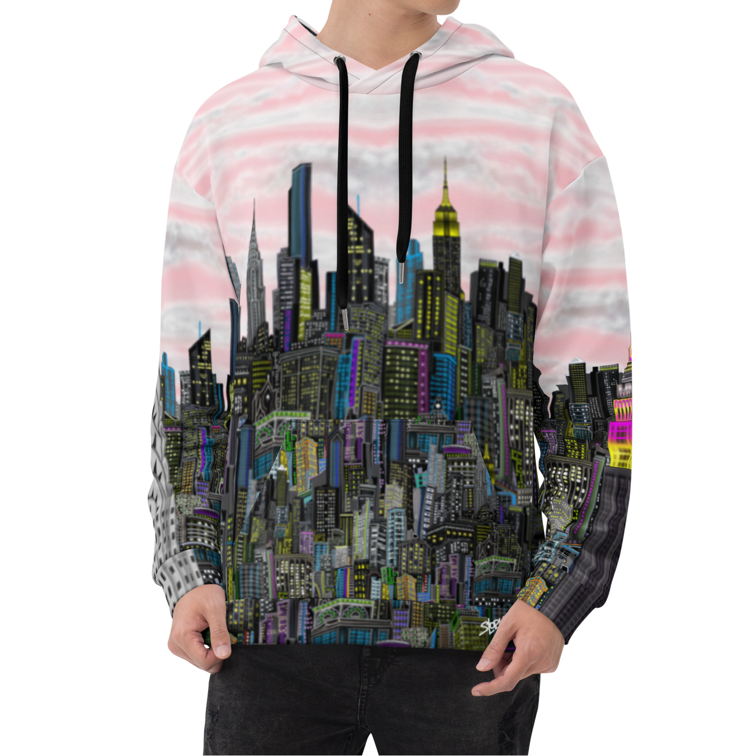 Person wearing a Loria hoodie with a cityscape design with white back ground 
