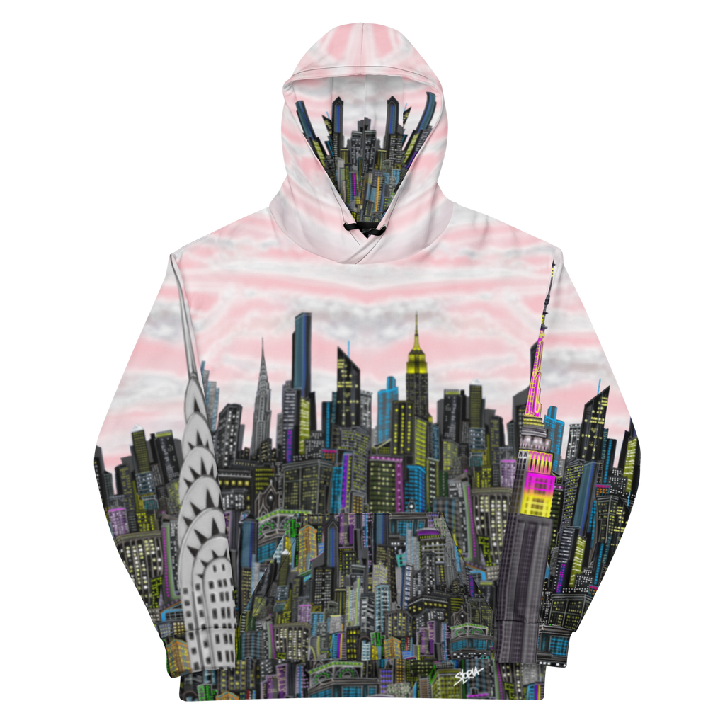 Hood shown with cityscape Loria NYC Art design on a white background