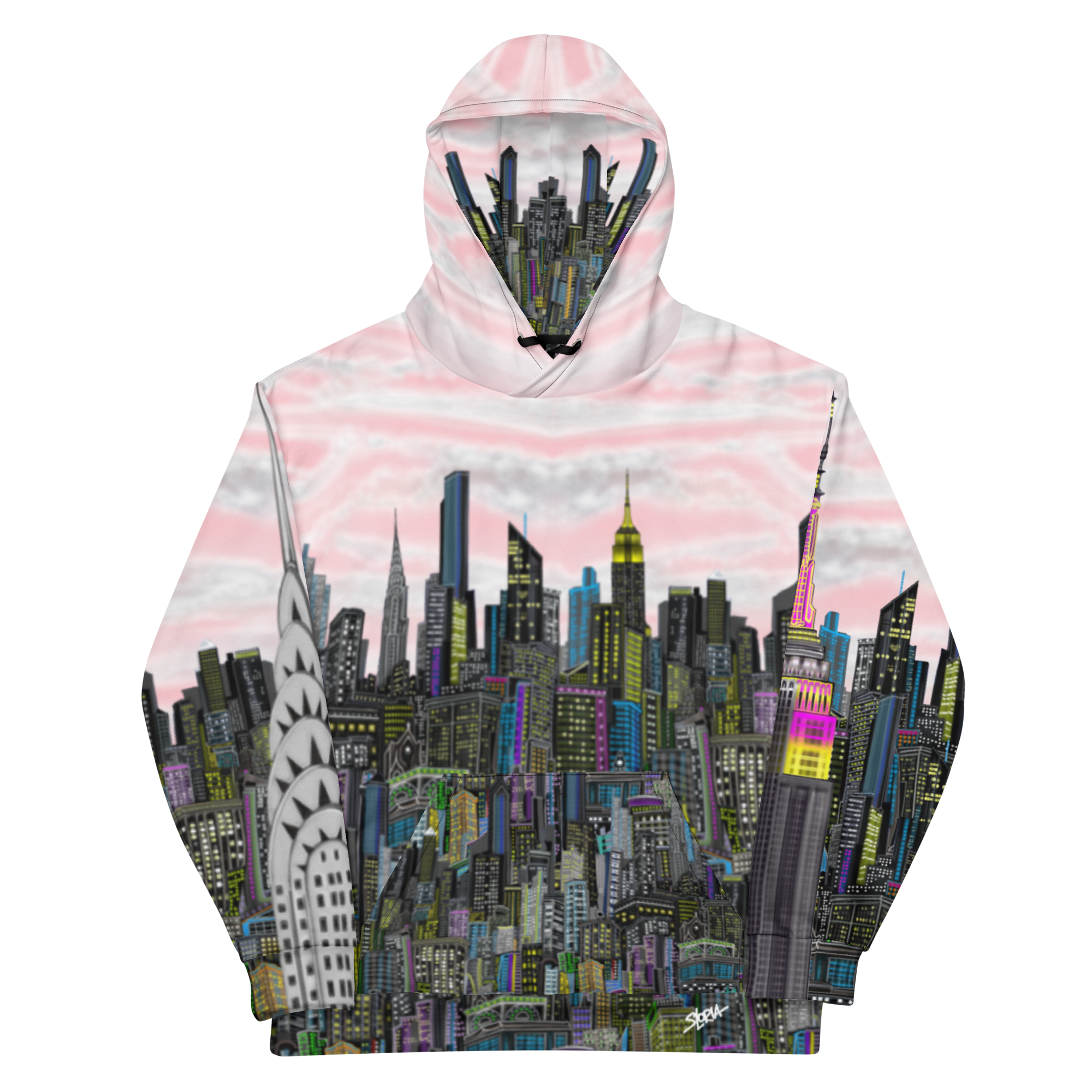 Hood shown with cityscape Loria NYC Art design on a white background