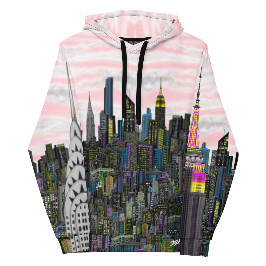 Hoodie with cityscape Loria NYC Art design featuring iconic buildings on a white background