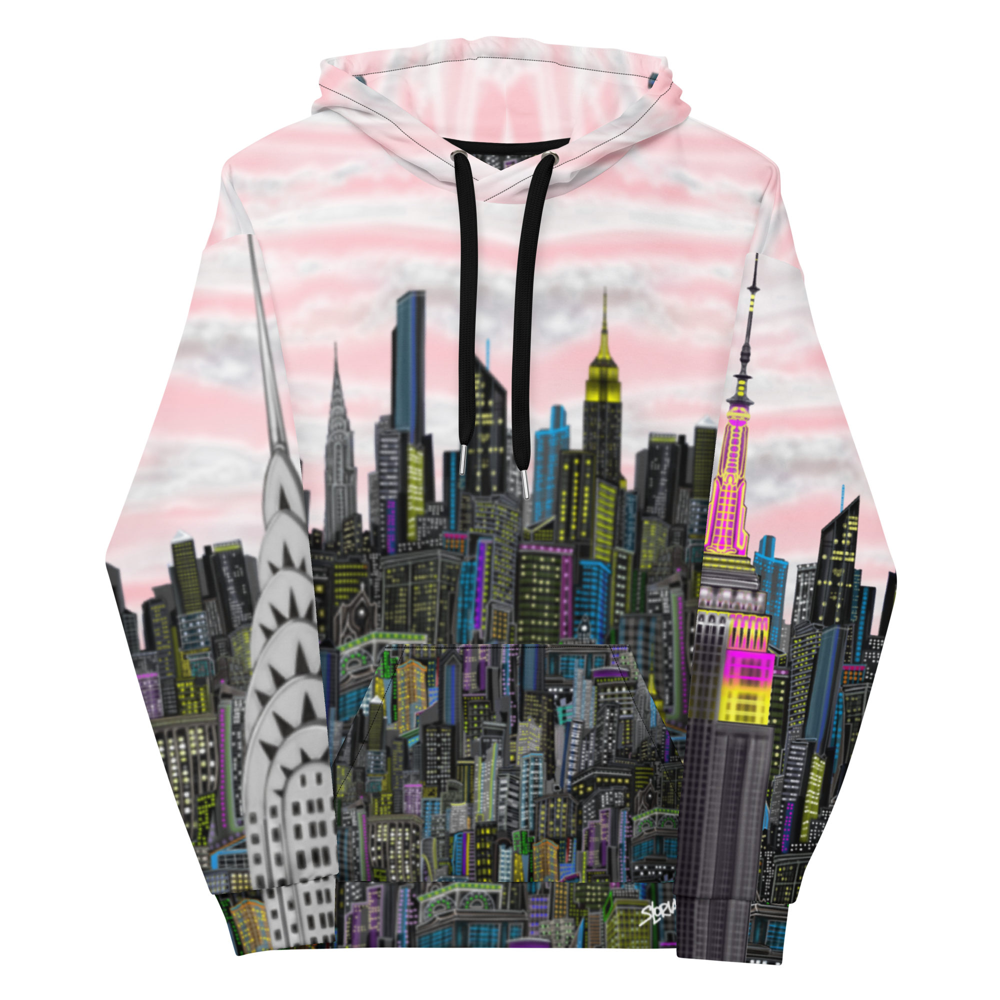 Hoodie with cityscape Loria NYC Art design featuring iconic buildings on a white background