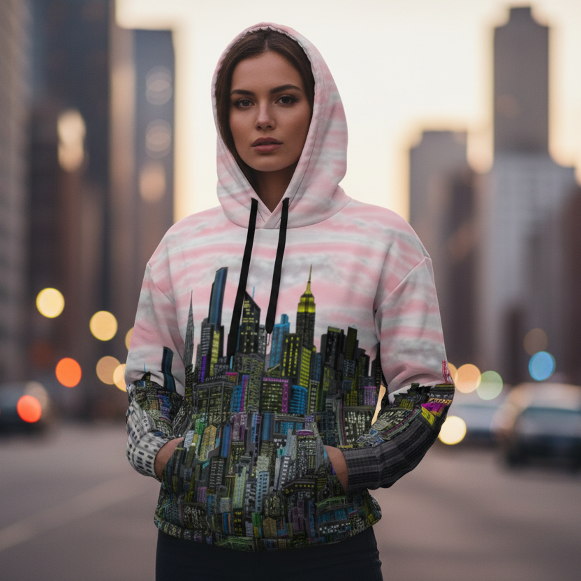Person wearing a hoodie with cityscape design on a city street at dusk.