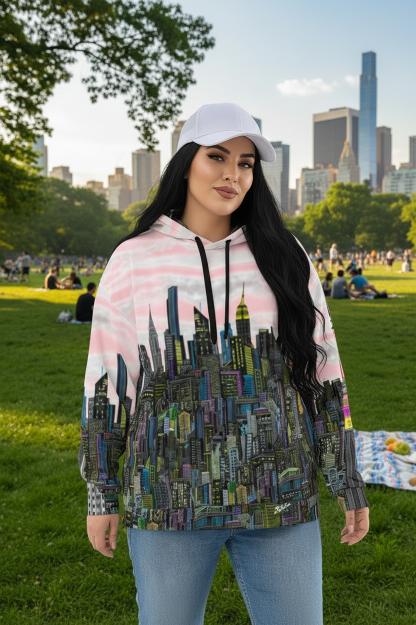 Woman wearing a hoodie with a Loria NYC Art cityscape design on grass park 