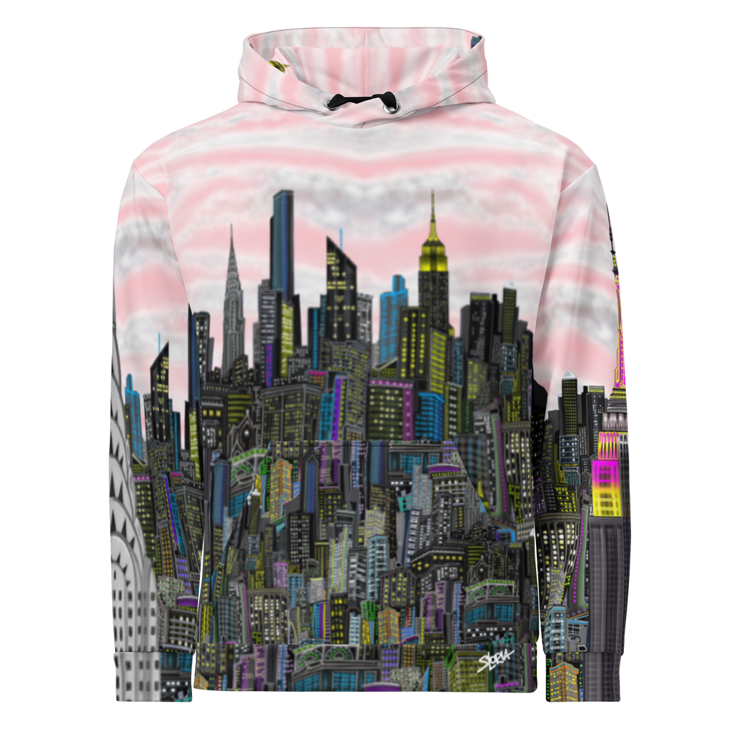 Front of pink Hoodie with cityscape design on a white background