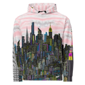 Front of pink Hoodie with cityscape design on a white background