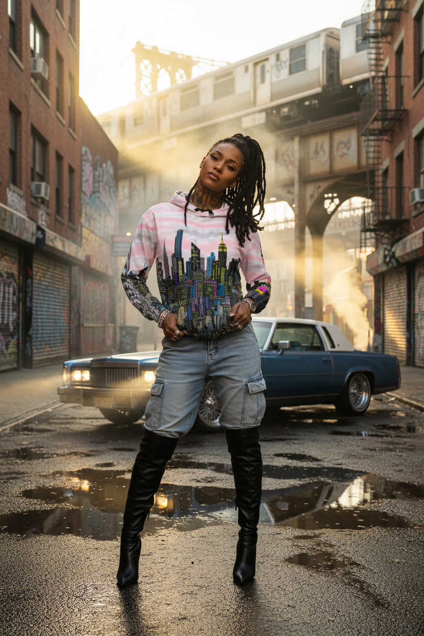 Person standing on a city street with Loria NYC Art graffiti on clothing, surrounded by urban elements.