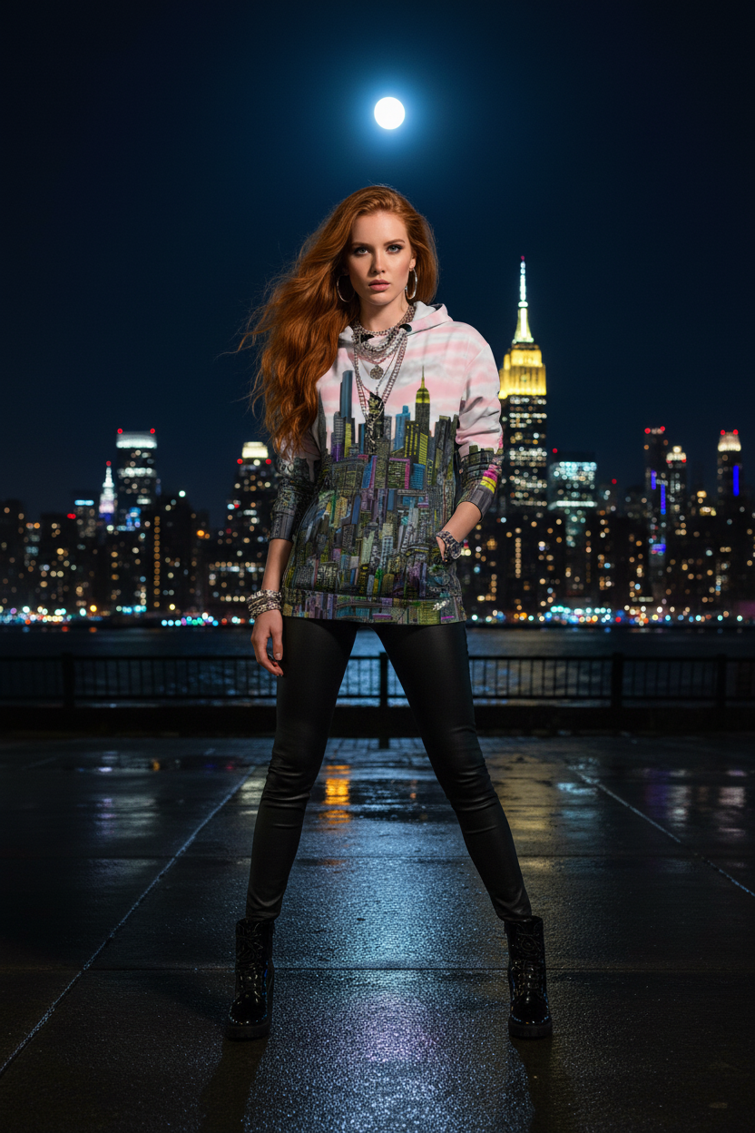 Woman wearing a pink Loria NYC Art hoodie standing in front of a city skyline at night with the moon visible