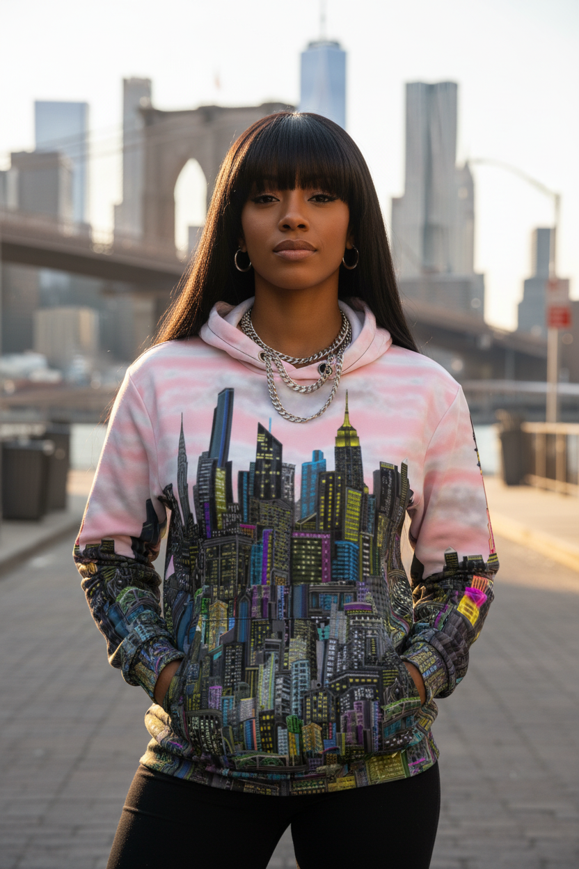 Person wearing a colorful hoodie with cityscape Loria NYC Art design in an urban setting