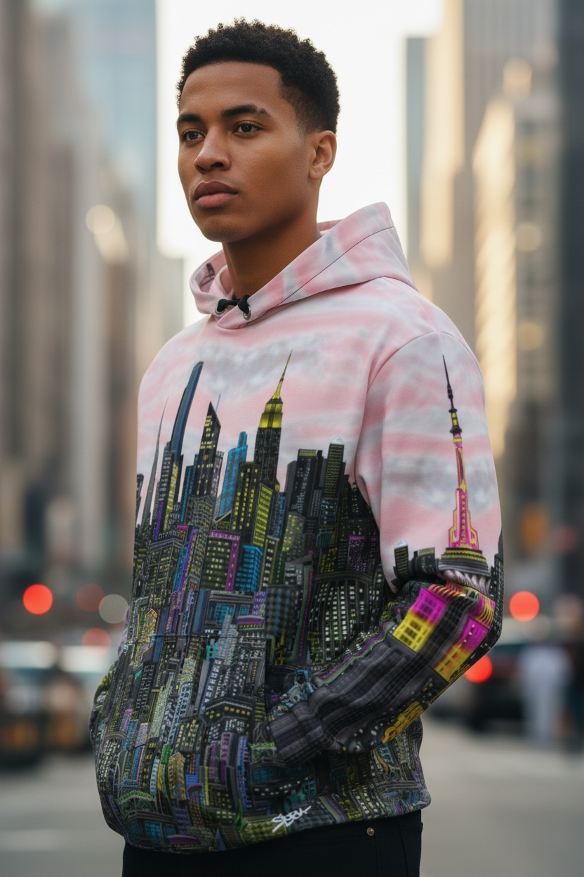 Person wearing a hoodie with a Loria NYC Art cityscape design on a city street