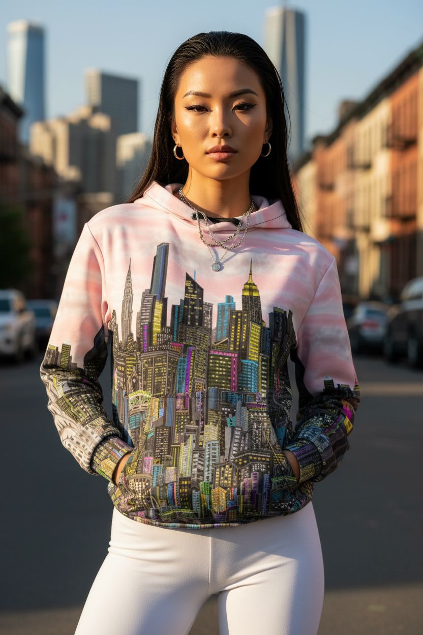 Woman wearing a hoodie with a cityscape Loria NYC Art design in an urban setting