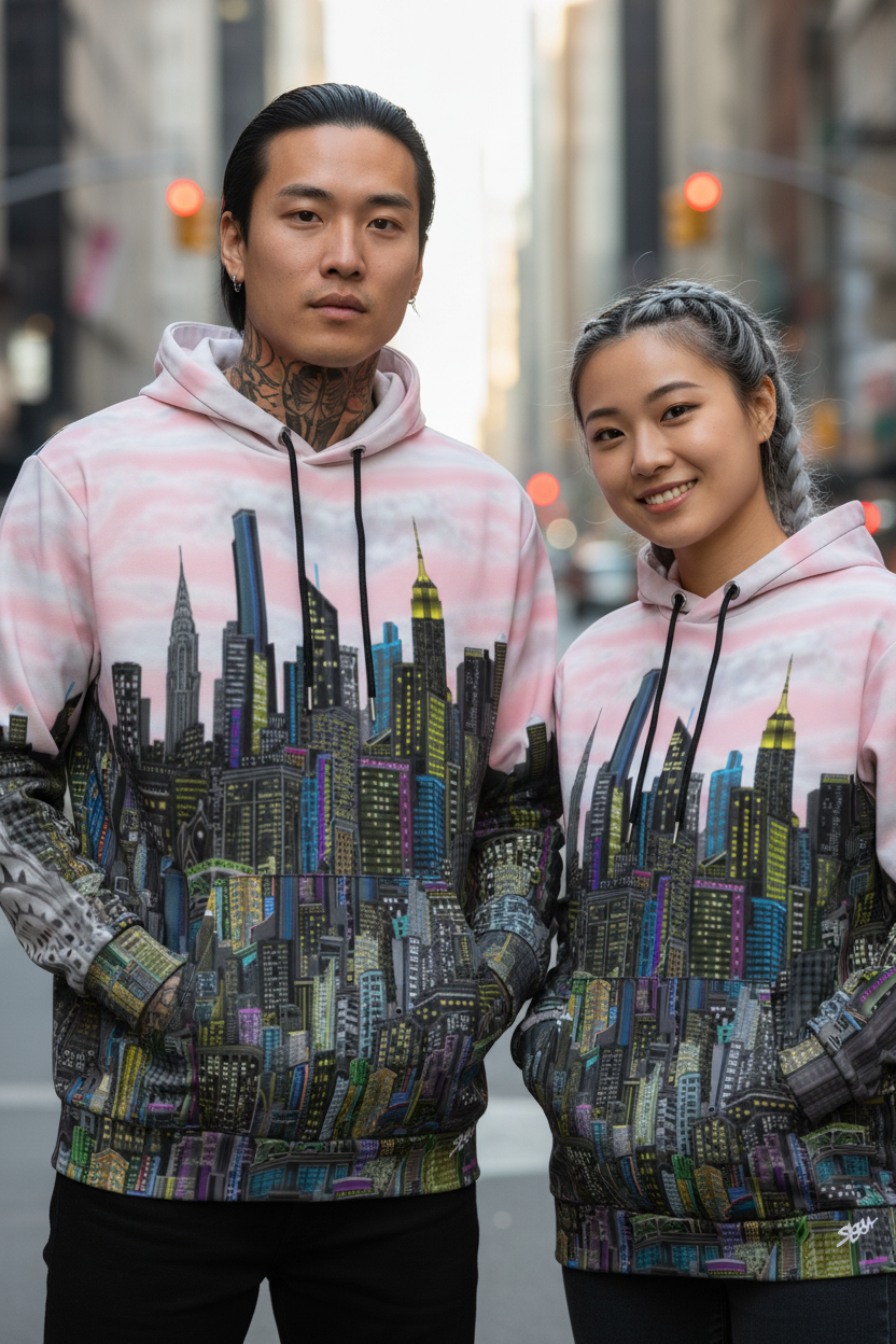 Two people wearing pink Loria NYC Art hoodies with a cityscape design in an urban setting.