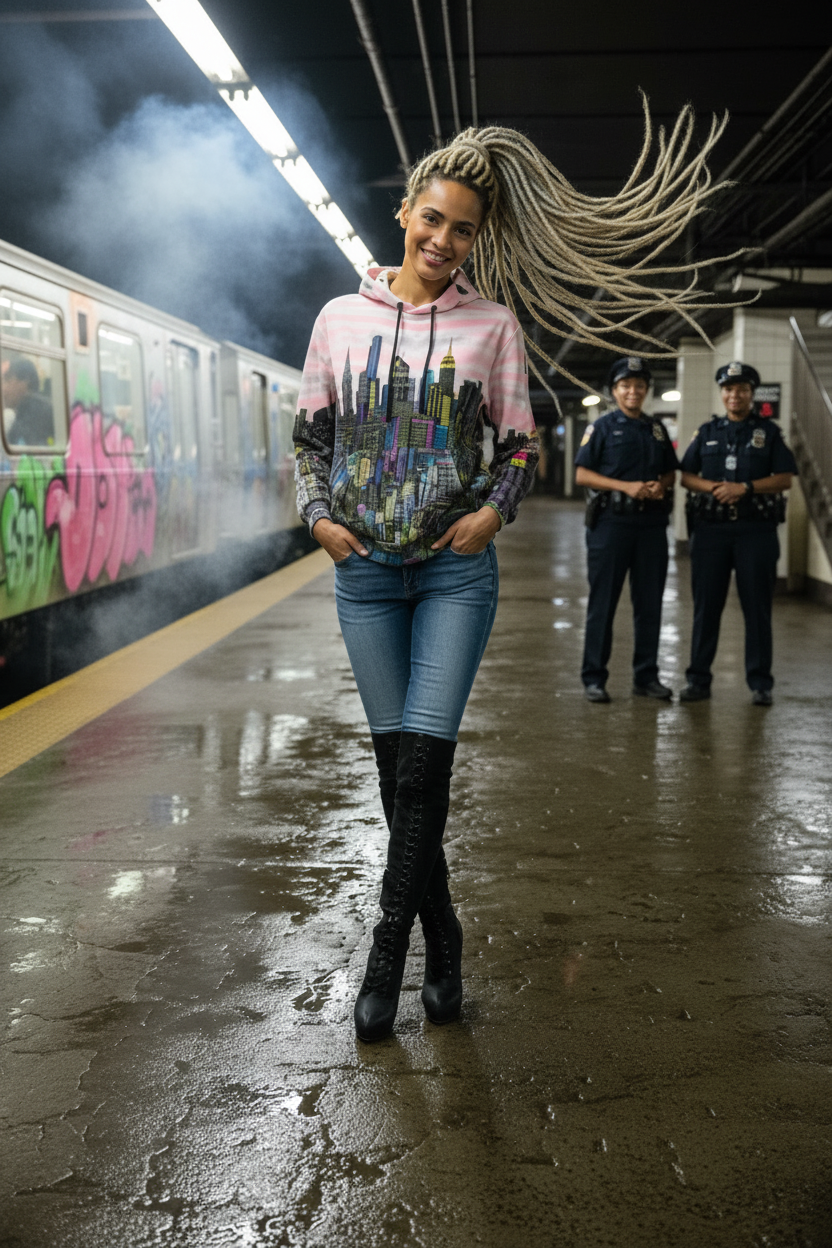 Woman wearing a pink Loria NYC Art hoodie in a subway station with graffiti on the wall