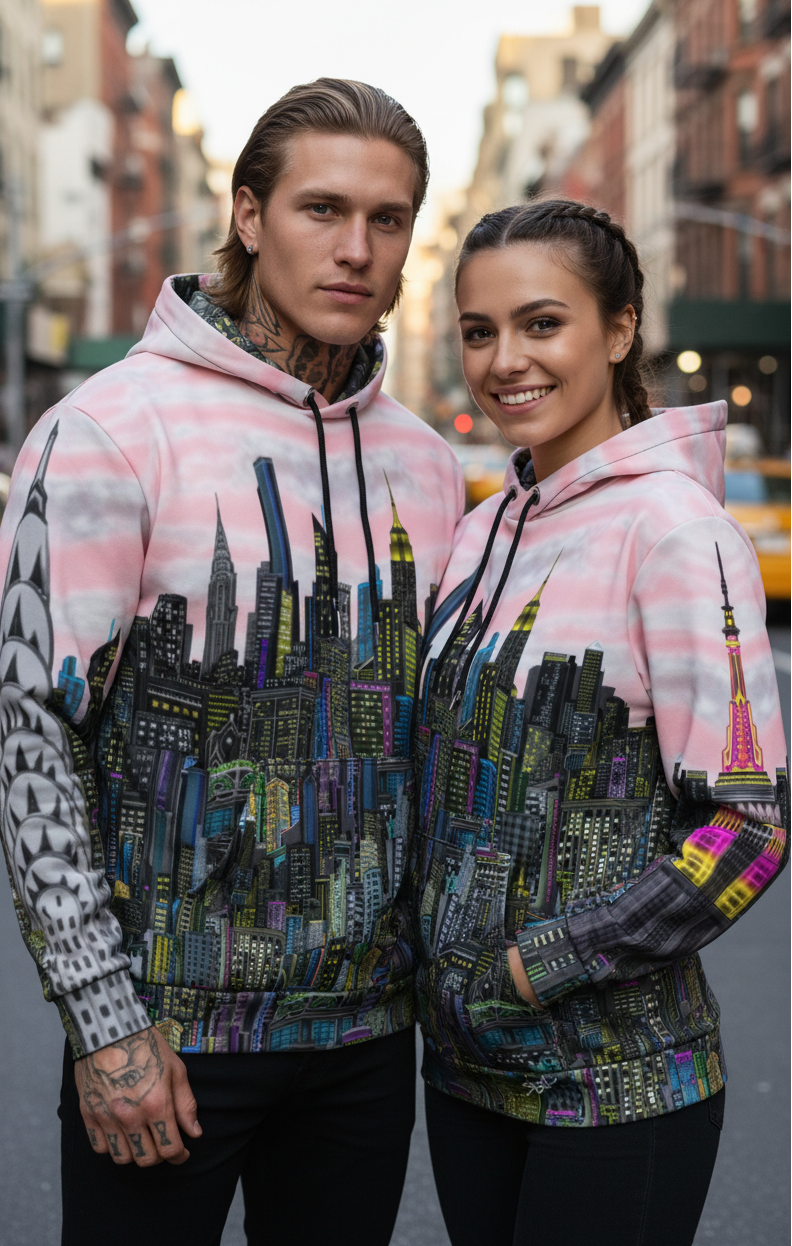 Two people wearing matching Loria NYC Art hoodies with cityscape design on a street.