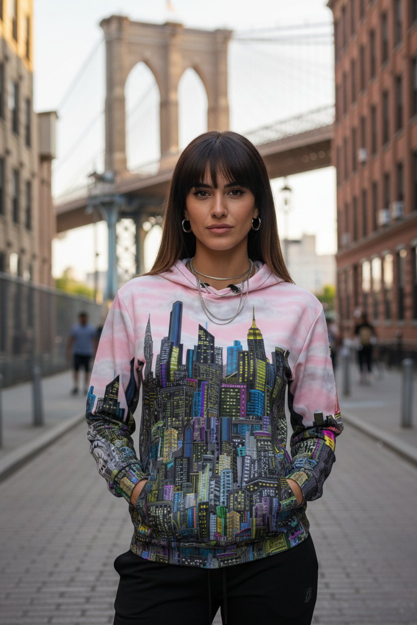 Woman wearing a colorful hoodie with a cityscape Loria NYC Art design in an urban setting with a bridge in the background.