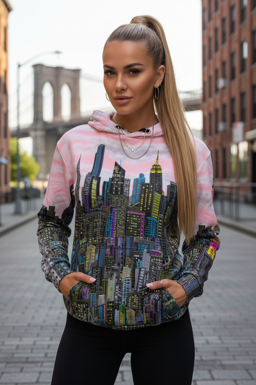Woman wearing a colorful hoodie with a cityscape Loria NYC Art design in an urban setting.