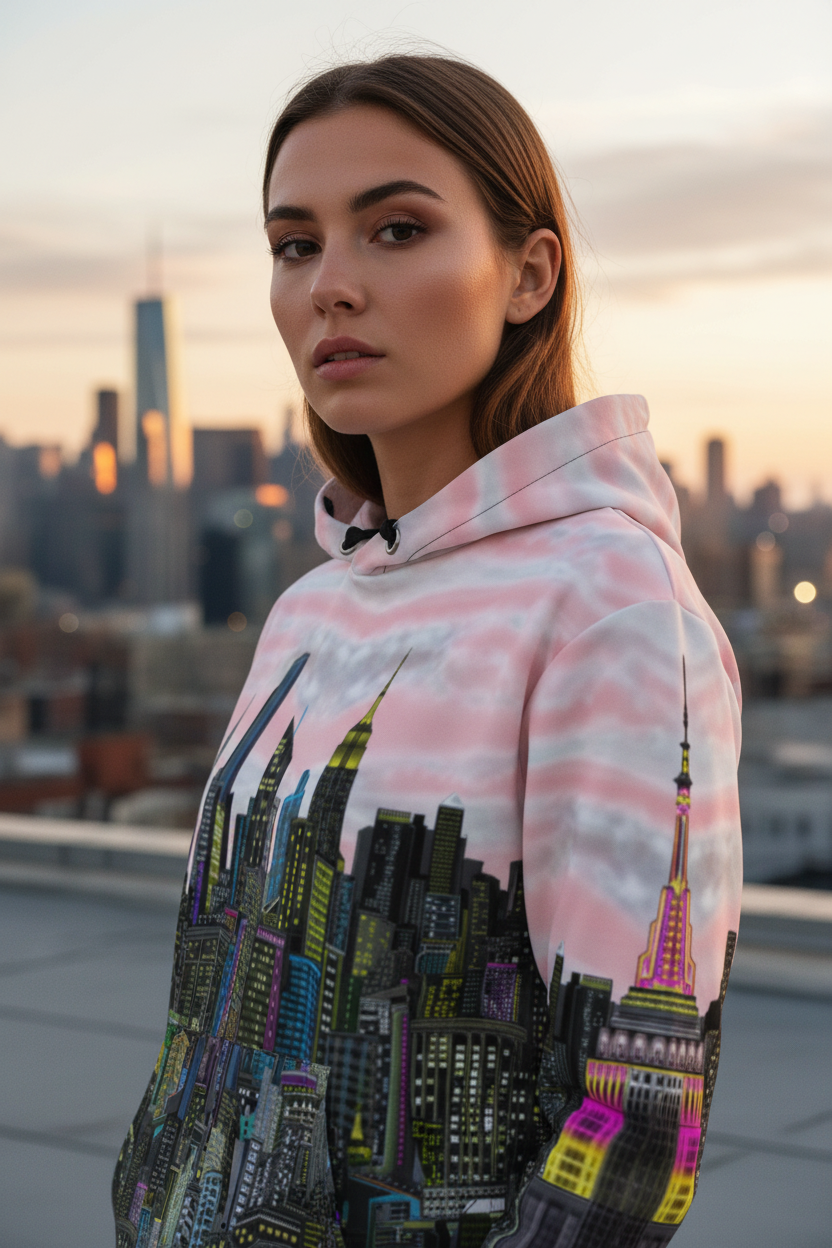 Girl wearing a pink  Loria NYC Art hoodie with cityscape design against a city skyline at sunset.