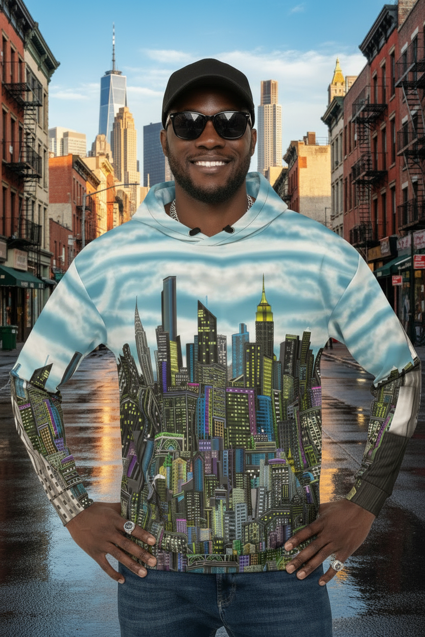 Women wearing a Loria NYC Art hoodie with a cityscape design on rooftop 