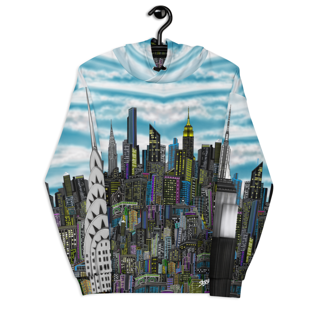 Hoodie with cityscape Loria NYC Art design on a hanger inside a walk-in closet 