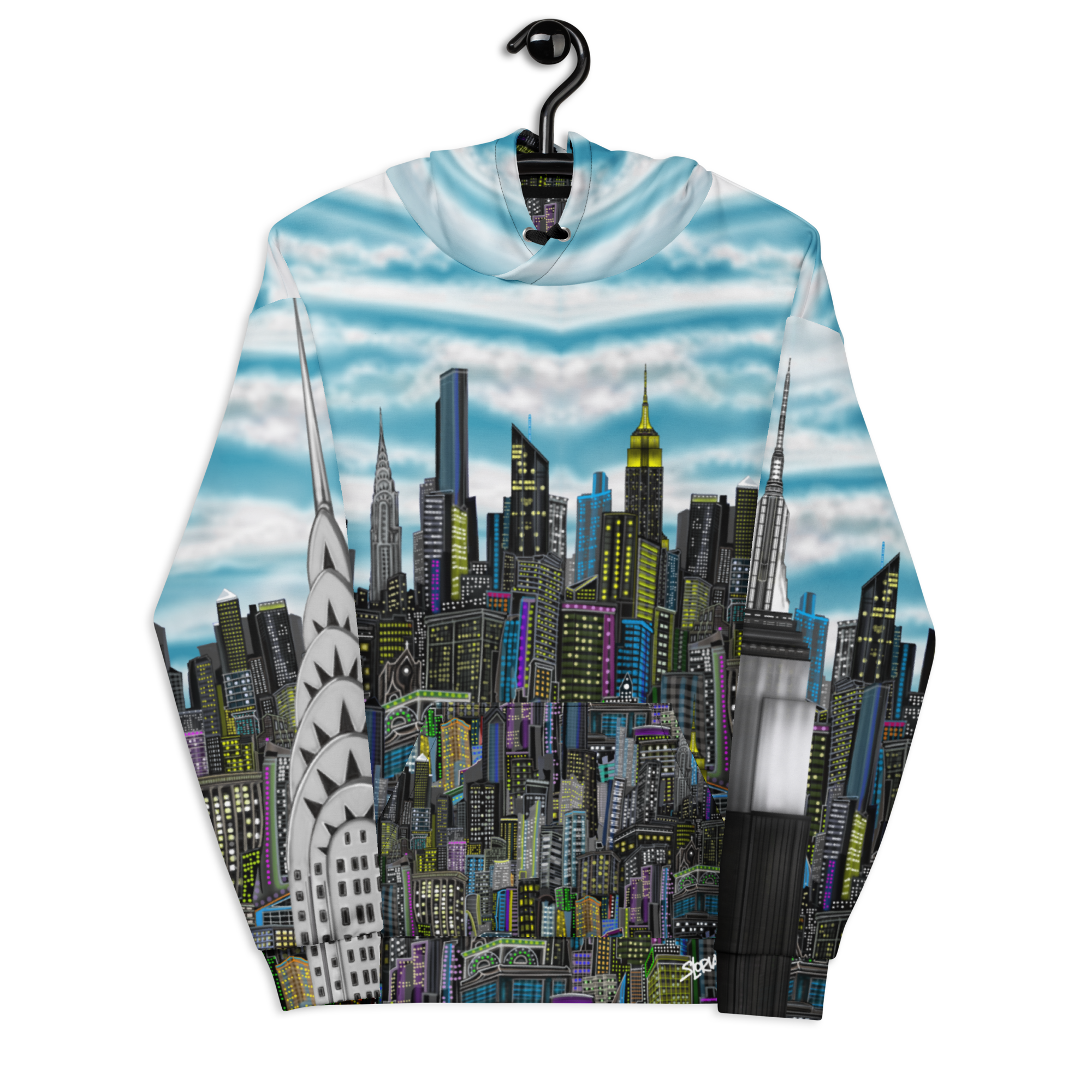 Hoodie with cityscape Loria NYC Art design on a hanger inside a walk-in closet 