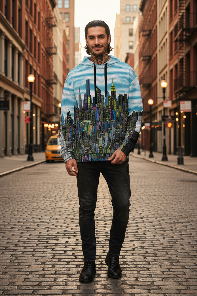 Person wearing a hoodie with a cityscape Loria NYC Art design on a white background