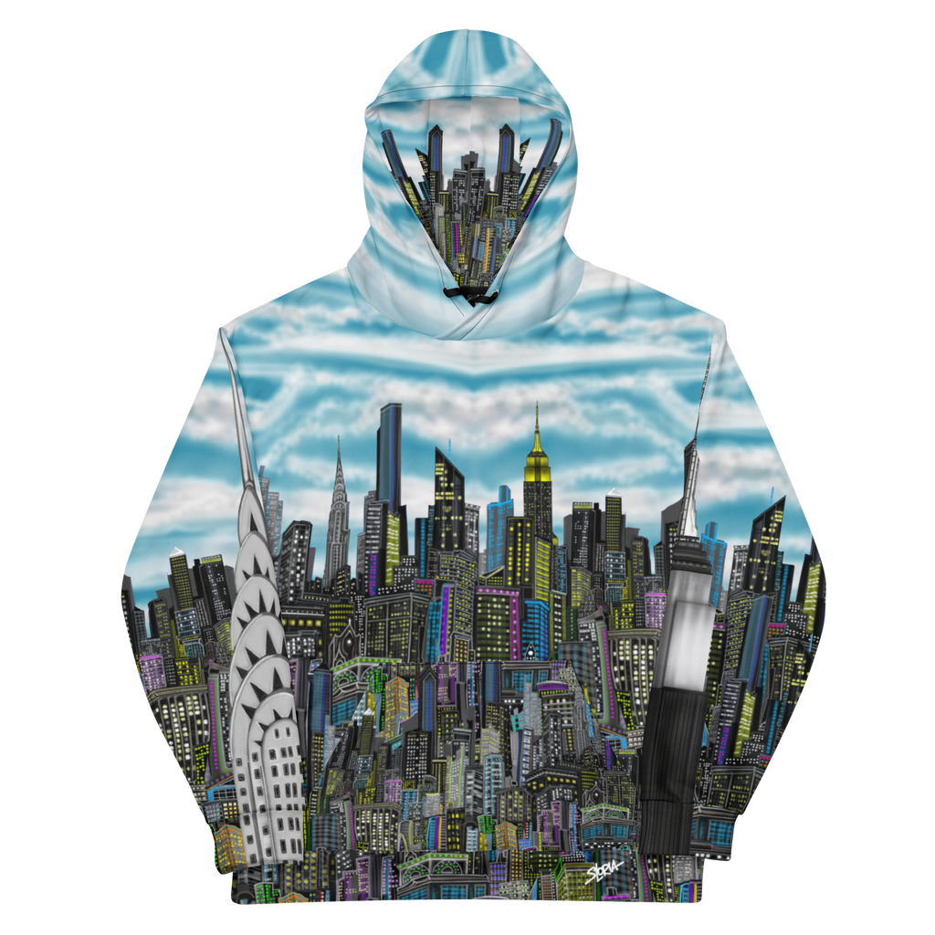 Hoodie with a cityscape Loria NYC Art design on a white background