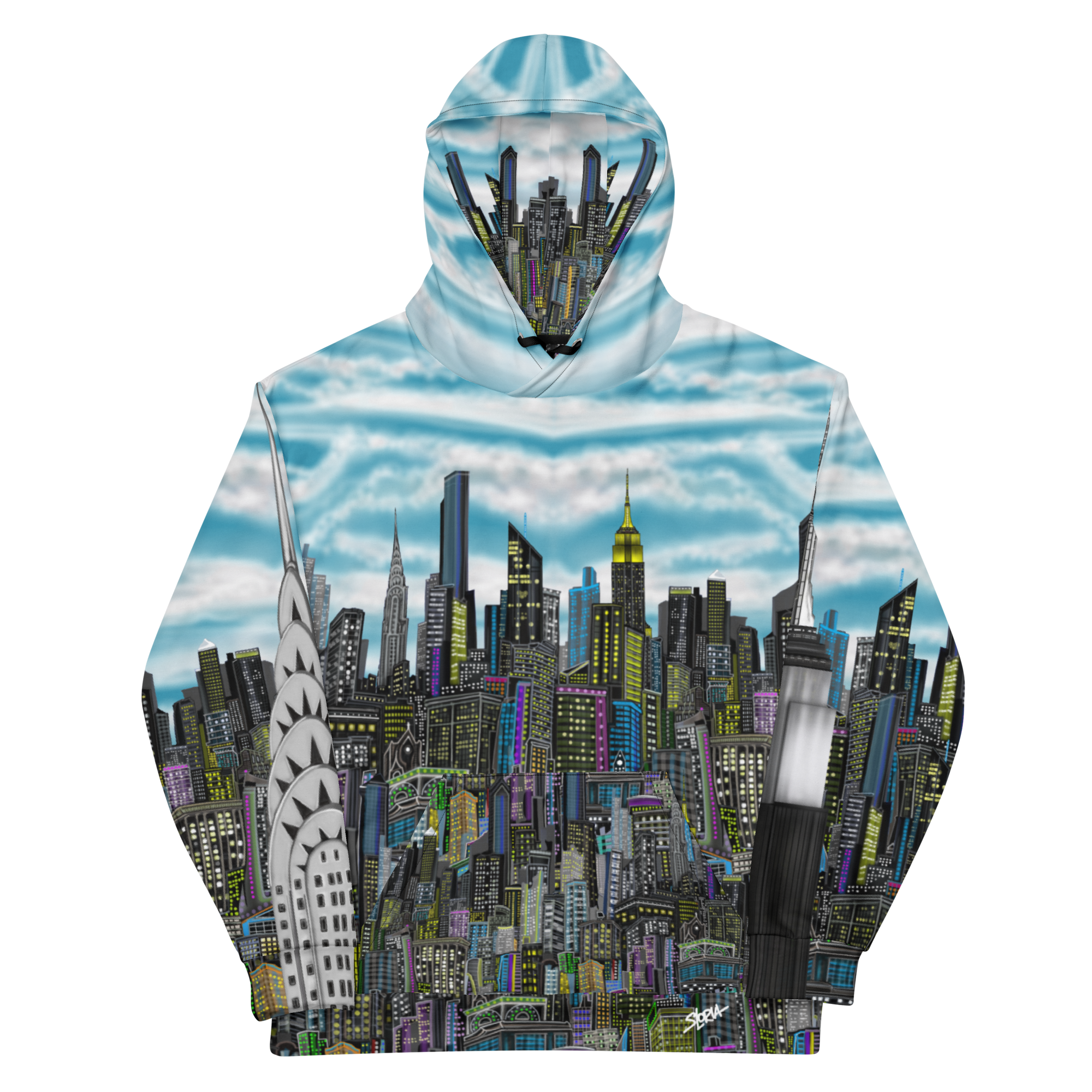 Hoodie with a cityscape Loria NYC Art design on a white background