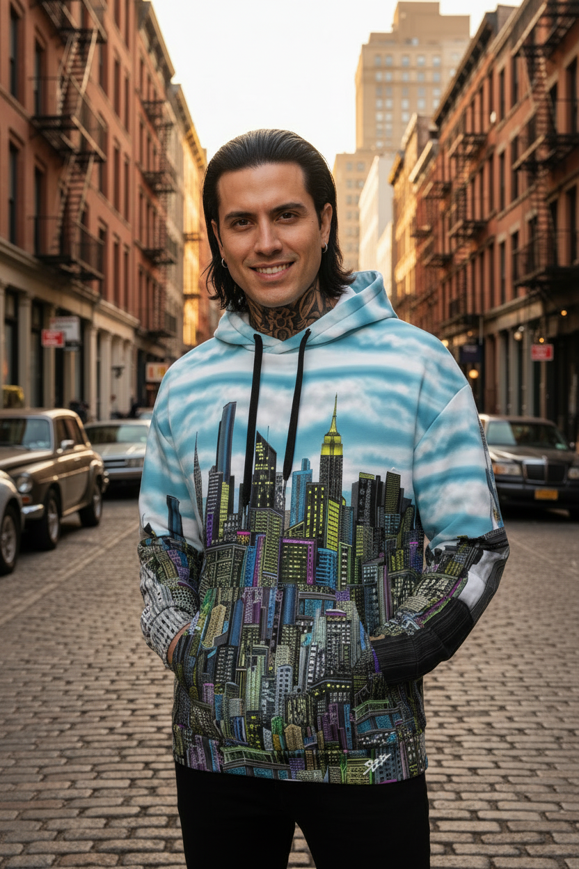 Man wearing a blue hoodie designed by Loria NYC Art hoodie  by a marina with the freedom tower and yachts in the Hudson 