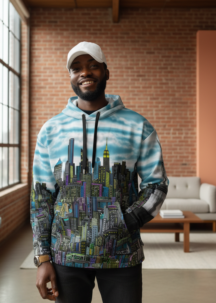 Person wearing a hoodie with a Loria NYC Art cityscape design against an orange background