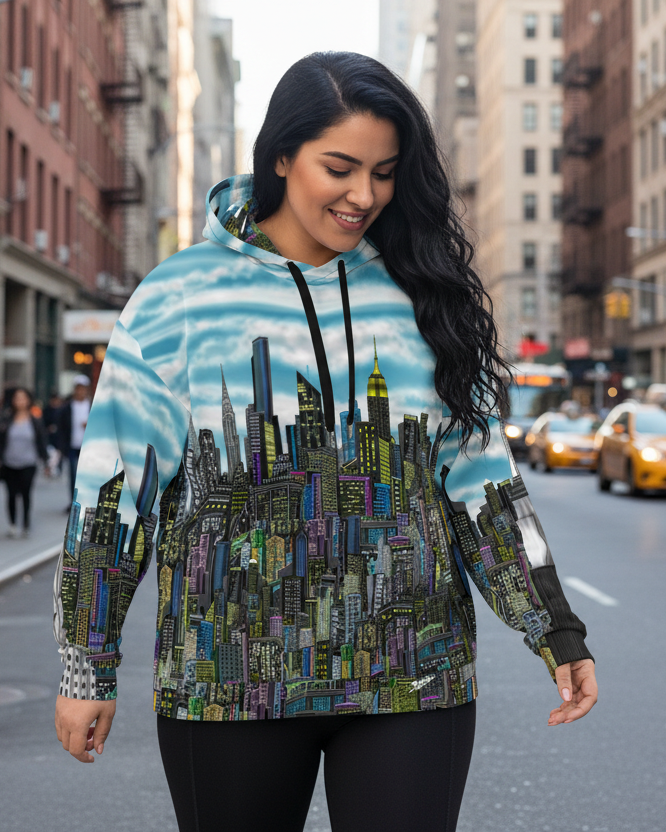 Person wearing a Loria NYC Art hoodie with a cityscape design on a white background