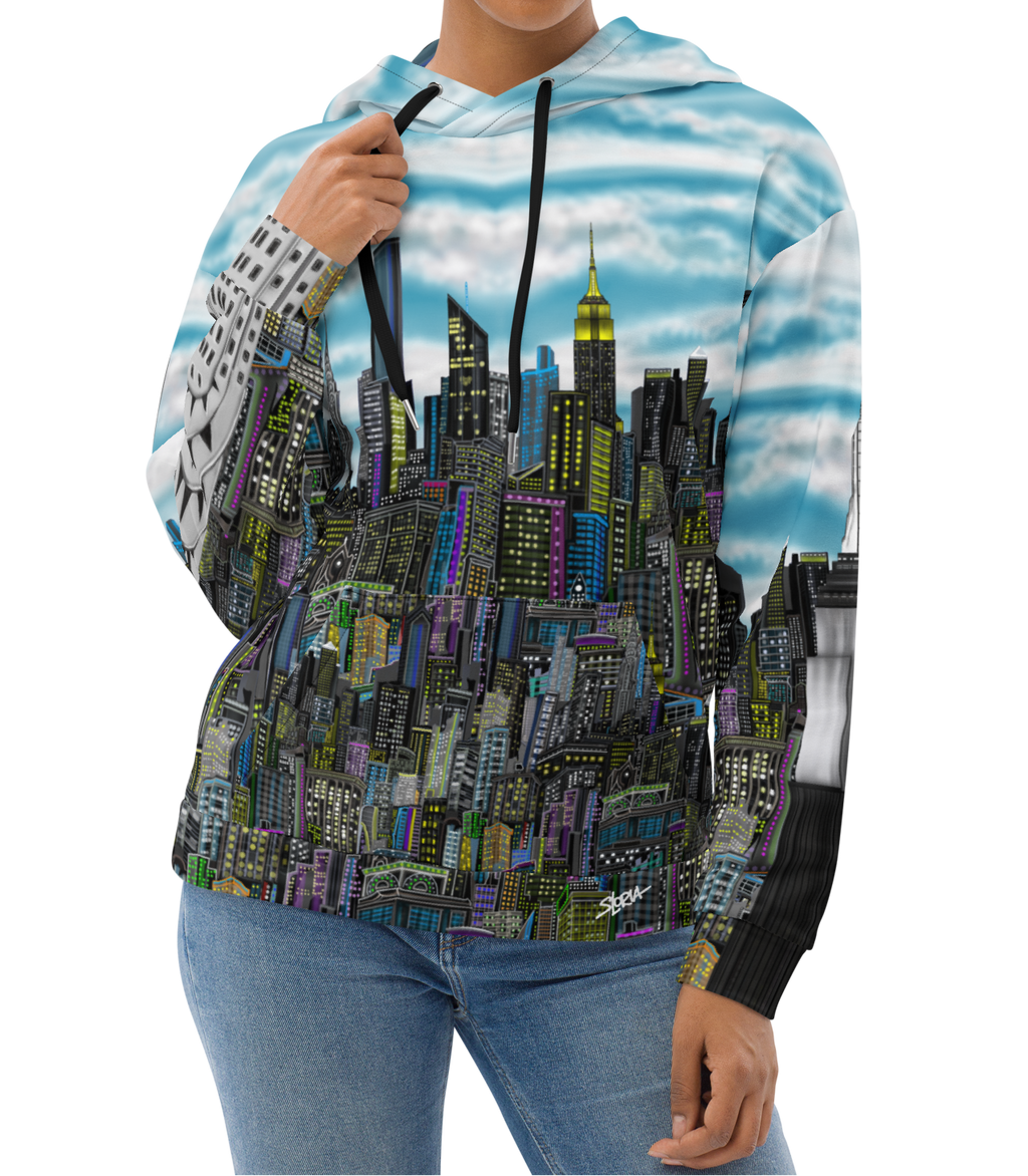 Woman wearing a hoodie with a cityscape Loria NYC Art design on a white background